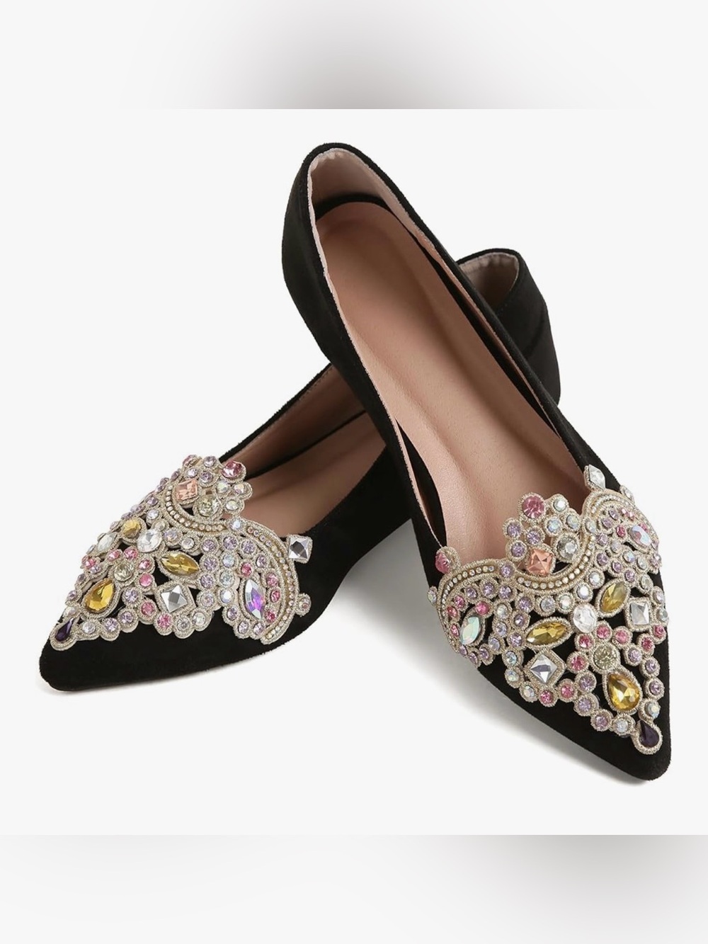 NEW Jewel Adorned Point Toe Black Flats- 7/38